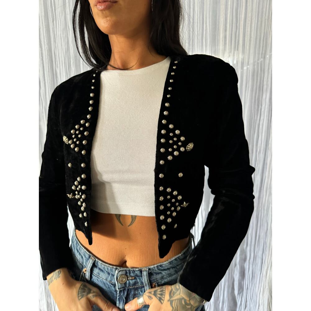 Vintage crushed velvet western cropped blazer with silver embellishments